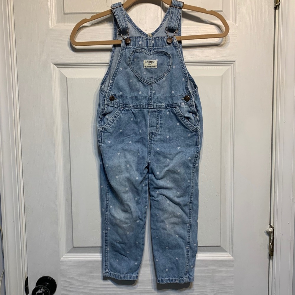 OshKosh B'gosh Denim Heart Print Overalls 4T Light Wash Blue Bibs School Play